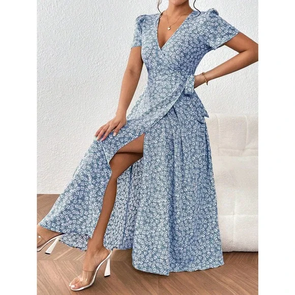 🌟 Frenchy Ditsy Floral Print Knot Side Wrap Dress - Picture 8 of 11